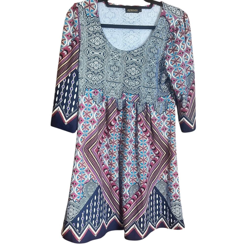 Reborn Navy Blue, White, Maroon Multi Pattern Summer Dress Size Large